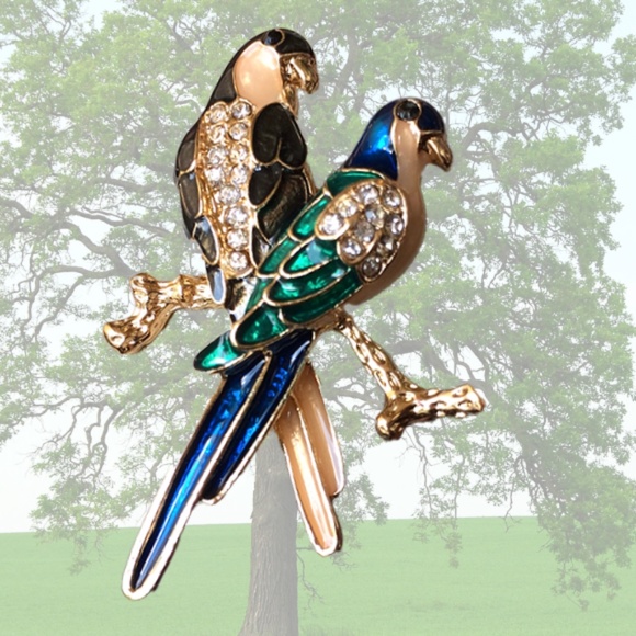 Parrot Brooch / Pin back -2 Parrots Crystals Enamel Each with Claws. #1 - Picture 2 of 8